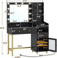 ES.SIKAIC Tocador de maquillaje Negro / Madera de ingeniería / Moderno Tocador con espejo e iluminación en 3 colores, estación de carga y 3 compartimentos de almacenamiento en color Negro