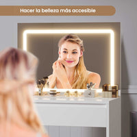 ES.SIKAIC Tocadores Blanco / Madera de ingeniería / Moderno Tocador con Espejo y Iluminación LED 1 Cajón Grande con Divisores Ajustables Blanco