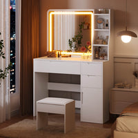 ES.SIKAIC Tocador de maquillaje Blanco / Madera de ingeniería / Moderno Tocador de Maquillaje con Iluminación y Espejo 3 Cajones, 3 Estantes y 1 Armario con Puerta Blanco