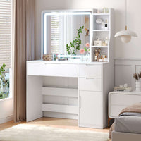 ES.SIKAIC Tocador de maquillaje Blanco / Madera de ingeniería / Moderno Tocador de Maquillaje con Iluminación y Espejo 3 Cajones, 3 Estantes y 1 Armario con Puerta Blanco