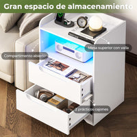 ES.SIKAIC Mesita de noche Blanco / Madera de ingeniería / Moderno 2PCS Mesilla de noche con estación de carga e iluminación LED Negro con 2 cajones y 1 Blanco