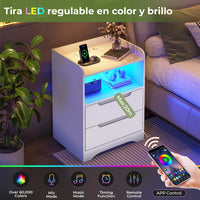 ES.SIKAIC Mesita de noche Blanco / Madera de ingeniería / Moderno 2PCS Mesilla de noche con estación de carga e iluminación LED Negro con 2 cajones y 1 Blanco