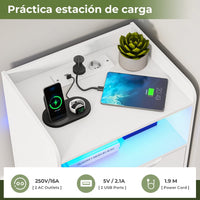 ES.SIKAIC Mesita de noche Blanco / Madera de ingeniería / Moderno 2PCS Mesilla de noche con estación de carga e iluminación LED Negro con 2 cajones y 1 Blanco