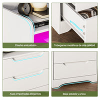 ES.SIKAIC Mesita de noche Blanco / Madera de ingeniería / Moderno 2PCS Mesilla de noche con estación de carga e iluminación LED Negro con 2 cajones y 1 Blanco