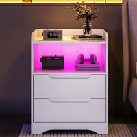 ES.SIKAIC Mesita de noche Blanco / Madera de ingeniería / Moderno 2PCS Mesilla de noche con estación de carga e iluminación LED Negro con 2 cajones y 1 Blanco