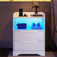 ES.SIKAIC Mesita de noche Blanco / Madera de ingeniería / Moderno 2PCS Mesilla de noche con estación de carga e iluminación LED Negro con 2 cajones y 1 Blanco