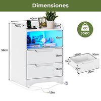ES.SIKAIC Mesita de noche Blanco / Madera de ingeniería / Moderno 2PCS Mesilla de noche con estación de carga e iluminación LED Negro con 2 cajones y 1 Blanco