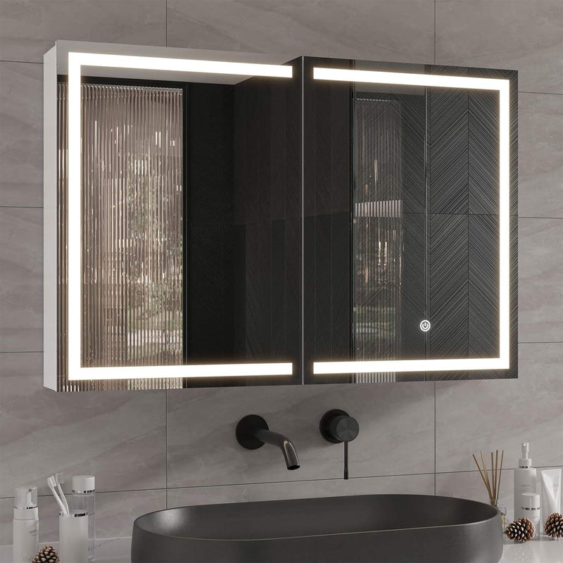 ES.SIKAIC Espejo Gabinete Blanco / Metal / Moderno 90 cm Doble Puerta Armario de Baño con Espejo Iluminación LED Enchufe y Estante de Almacenamiento Blanco