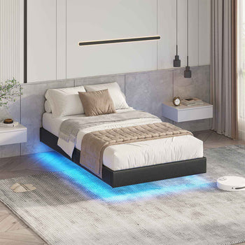 ES.SIKAIC Camas Negro / Madera de ingeniería / Moderno 90 x 200 cm Single Metal Bed Frame with LED Lights and Slatted Base Black