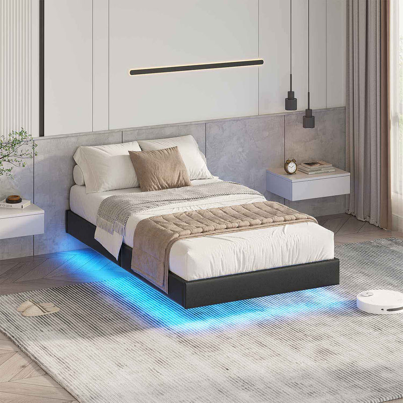 ES.SIKAIC Camas Negro / Madera de ingeniería / Moderno 90 x 200 cm Single Metal Bed Frame with LED Lights and Slatted Base Black