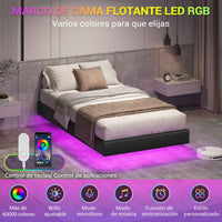 ES.SIKAIC Camas Negro / Madera de ingeniería / Moderno 90 x 200 cm Single Metal Bed Frame with LED Lights and Slatted Base Black