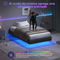 ES.SIKAIC Camas Negro / Madera de ingeniería / Moderno 90 x 200 cm Single Metal Bed Frame with LED Lights and Slatted Base Black