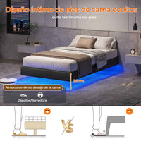 ES.SIKAIC Camas Negro / Madera de ingeniería / Moderno 90 x 200 cm Single Metal Bed Frame with LED Lights and Slatted Base Black