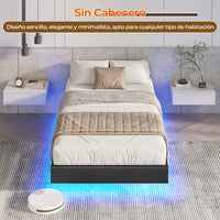 ES.SIKAIC Camas Negro / Madera de ingeniería / Moderno 90 x 200 cm Single Metal Bed Frame with LED Lights and Slatted Base Black