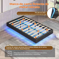 ES.SIKAIC Camas Negro / Madera de ingeniería / Moderno 90 x 200 cm Single Metal Bed Frame with LED Lights and Slatted Base Black