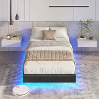 ES.SIKAIC Camas Negro / Madera de ingeniería / Moderno 90 x 200 cm Single Metal Bed Frame with LED Lights and Slatted Base Black