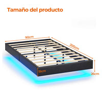 ES.SIKAIC Camas Negro / Madera de ingeniería / Moderno 90 x 200 cm Single Metal Bed Frame with LED Lights and Slatted Base Black