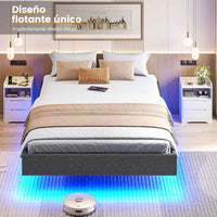 ES.SIKAIC Camas Gris / Madera de ingeniería / Moderno 90x200 cm Marco de Cama Flotante Individual con Luces LED y Somier de Láminas Gris