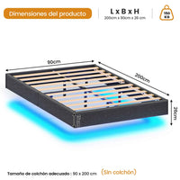 ES.SIKAIC Camas Gris / Madera de ingeniería / Moderno 90x200 cm Marco de Cama Flotante Individual con Luces LED y Somier de Láminas Gris
