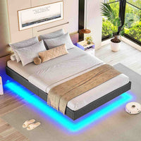 ES.SIKAIC Camas Gris / Madera de ingeniería / Moderno 90x200 cm Marco de Cama Flotante Individual con Luces LED y Somier de Láminas Gris