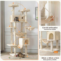 ES.SIKAIC Árboles para gatos Beige / Tejidos de felpa / Moderno Árbol para gatos con poste rascador grande de 193 cm de alto y varios niveles con 2 cuevas, 2 plataformas y hamaca beige