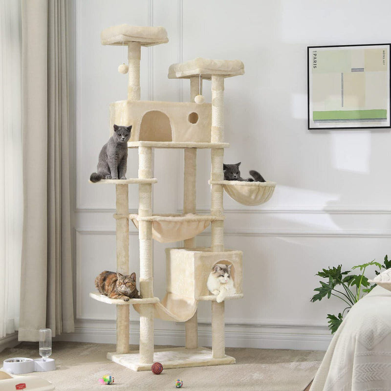 ES.SIKAIC Árboles para gatos Beige / Tejidos de felpa / Moderno Árbol para gatos con poste rascador grande de 193 cm de alto y varios niveles con 2 cuevas, 2 plataformas y hamaca beige