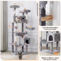 ES.SIKAIC Árboles para gatos Gris claro / Tejidos de felpa / Moderno Árbol para gatos con poste rascador grande de 193 cm de alto y varios niveles con 2 cuevas, 2 plataformas y hamaca gris claro