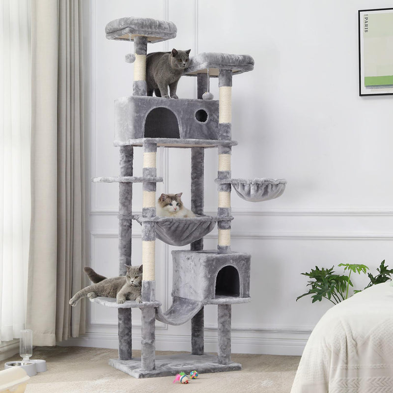 ES.SIKAIC Árboles para gatos Gris claro / Tejidos de felpa / Moderno Árbol para gatos con poste rascador grande de 193 cm de alto y varios niveles con 2 cuevas, 2 plataformas y hamaca gris claro