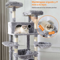 ES.SIKAIC Árboles para gatos Gris claro / Tejidos de felpa / Moderno Árbol para gatos con poste rascador grande de 193 cm de alto y varios niveles con 2 cuevas, 2 plataformas y hamaca gris claro