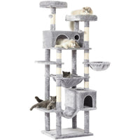 ES.SIKAIC Árboles para gatos Gris claro / Tejidos de felpa / Moderno Árbol para gatos con poste rascador grande de 193 cm de alto y varios niveles con 2 cuevas, 2 plataformas y hamaca gris claro