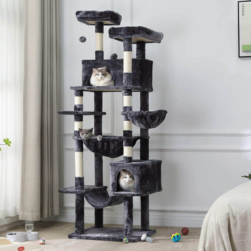 ES.SIKAIC Árboles para gatos Gris oscuro / Tejidos de felpa / Moderno Árbol para gatos con poste rascador grande de 193 cm de alto y varios niveles con 2 cuevas, 2 plataformas y hamaca gris oscuro