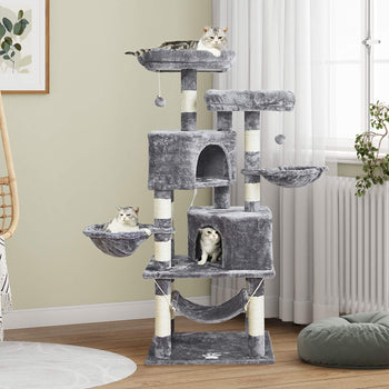 ES.SIKAIC Árboles para gatos Hellgrau / Modern / Plüschstoffe Árbol rascador resistente para gatos de gran tamaño con 2 plataformas, cueva grande y postes de sisal natural, color gris claro