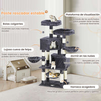 ES.SIKAIC Árboles para gatos Gris oscuro / Tableros aglomerados / Moderno Árbol rascador resistente para gatos de gran tamaño con 2 plataformas, cueva grande y postes de sisal natural, color gris oscuro