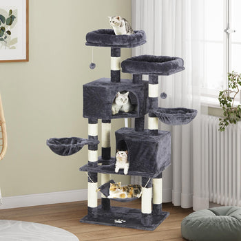 ES.SIKAIC Árboles para gatos Gris oscuro / Tableros aglomerados / Moderno Árbol rascador resistente para gatos de gran tamaño con 2 plataformas, cueva grande y postes de sisal natural, color gris oscuro