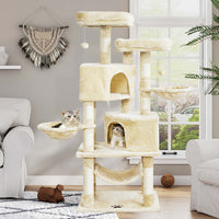 ES.SIKAIC Árboles para gatos Beige / Tableros aglomerados / Moderno Árbol rascador resistente para gatos de gran tamaño con 2 plataformas, cueva grande y postes de sisal natural en color beige