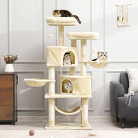 ES.SIKAIC Árboles para gatos Beige / Tableros aglomerados / Moderno Árbol rascador resistente para gatos de gran tamaño con 2 plataformas, cueva grande y postes de sisal natural en color beige