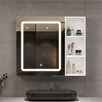 ES.SIKAIC Espejo Gabinete Blanco / Madera de ingeniería / Moderno Armario con espejo LED de una puerta de 70 cm con estante ajustable y espacio de almacenamiento abierto, clase energética A