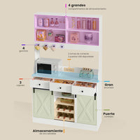 ES.SIKAIC Armario de cocina Blanco / Madera de ingeniería / Moderno Armario de Cocina con Regletas de Enchufes Estantes Ajustables 3 Cajones y Botellero Extraíble 103,5x40x180 cm Blanco