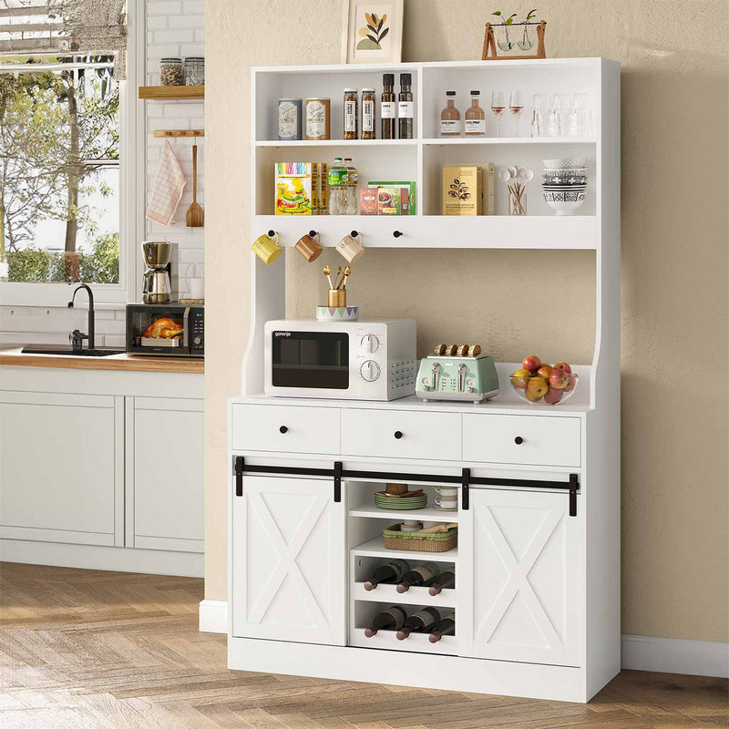 ES.SIKAIC Armario de cocina Blanco / Madera de ingeniería / Moderno Armario de Cocina con Regletas de Enchufes Estantes Ajustables 3 Cajones y Botellero Extraíble 103,5x40x180 cm Blanco