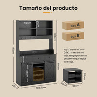 ES.SIKAIC Armario de cocina Negro / Madera de ingeniería / Moderno Armario de Cocina con Regletas de Enchufes Estantes Ajustables 3 Cajones y Botellero Extraíble 103,5x40x180 cm Negro