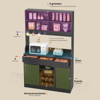 ES.SIKAIC Armario de cocina Negro / Madera de ingeniería / Moderno Armario de Cocina con Regletas de Enchufes Estantes Ajustables 3 Cajones y Botellero Extraíble 103,5x40x180 cm Negro