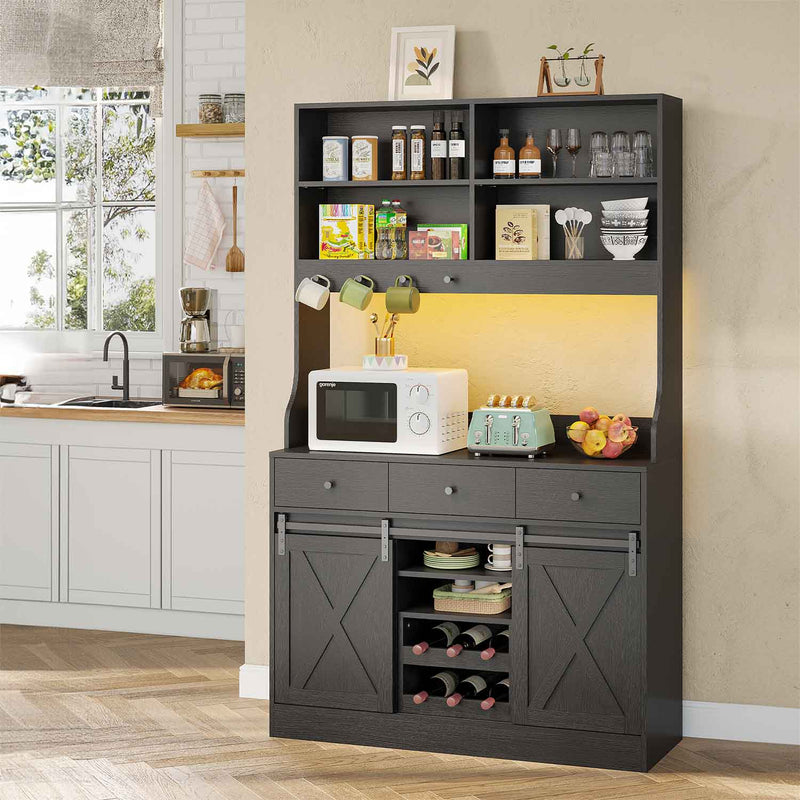 ES.SIKAIC Armario de cocina Negro / Madera de ingeniería / Moderno Armario de Cocina con Regletas de Enchufes Estantes Ajustables 3 Cajones y Botellero Extraíble 103,5x40x180 cm Negro