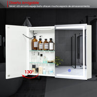 ES.SIKAIC Espejo Gabinete Blanco / Madera de ingeniería / Moderno Armario Espejo Baño de 2 Puertas 80 cm con Iluminación LED 2 Estantes Ajustable y Enchufe Blanco