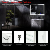 ES.SIKAIC Espejo Gabinete Blanco / Madera de ingeniería / Moderno Armario Espejo Baño de 2 Puertas 80 cm con Iluminación LED 2 Estantes Ajustable y Enchufe Blanco