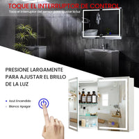 ES.SIKAIC Espejo Gabinete Blanco / Madera de ingeniería / Moderno Armario Espejo Baño de 2 Puertas 80 cm con Iluminación LED 2 Estantes Ajustable y Enchufe Blanco