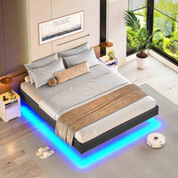 ES.SIKAIC Camas Gris / 140 x 200CM / Madera de ingeniería Cama Flotante con Luces LED y Somier de Láminas Gris