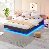 ES.SIKAIC Camas Cama Flotante con Luces LED y Somier de Láminas Gris