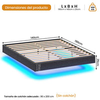 ES.SIKAIC Camas Cama Flotante con Luces LED y Somier de Láminas Gris