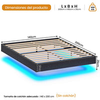 ES.SIKAIC Camas Cama Flotante con Luces LED y Somier de Láminas Gris