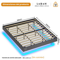 ES.SIKAIC Camas Cama Flotante con Luces LED y Somier de Láminas Gris